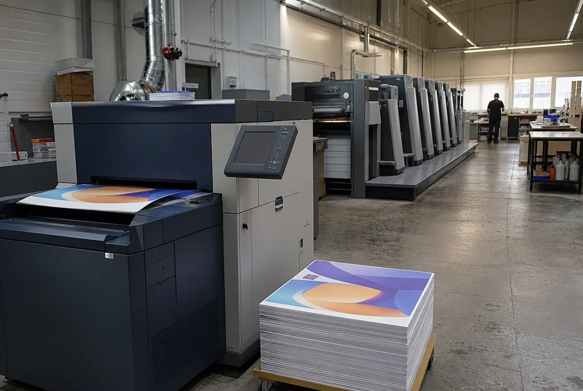 Digitaldruckmaschine im Vordergrund und Offsetmaschine im Hintergrund der Halle