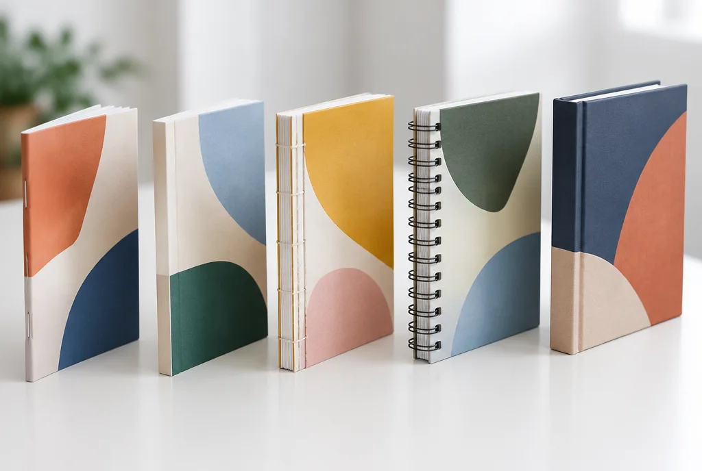 Five brochures and books with different bindings side by side: saddle stitch, perfect bound, sewn, spiral and hardcover