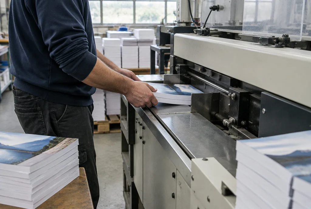 Bindery, an operator's hands feeding book blocks into a perfect binding machine, with stacks of blocks alongside