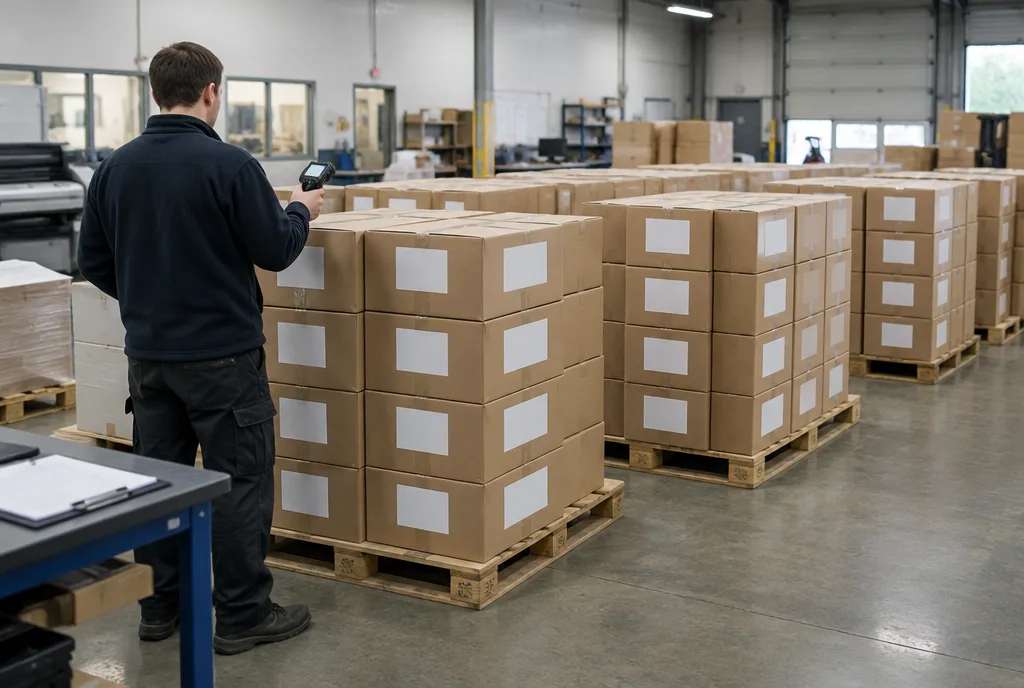 Print shop dispatch area with dozens of identical carton sets on pallets for different locations