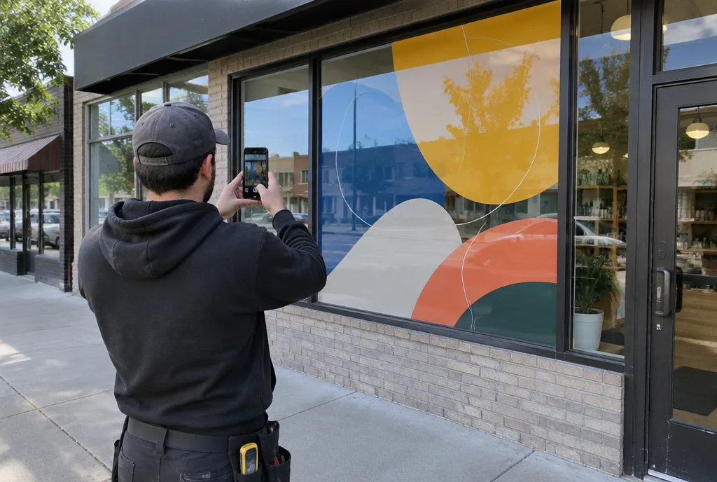 An installer seen from behind photographing a freshly installed window graphic at a chain location for the report
