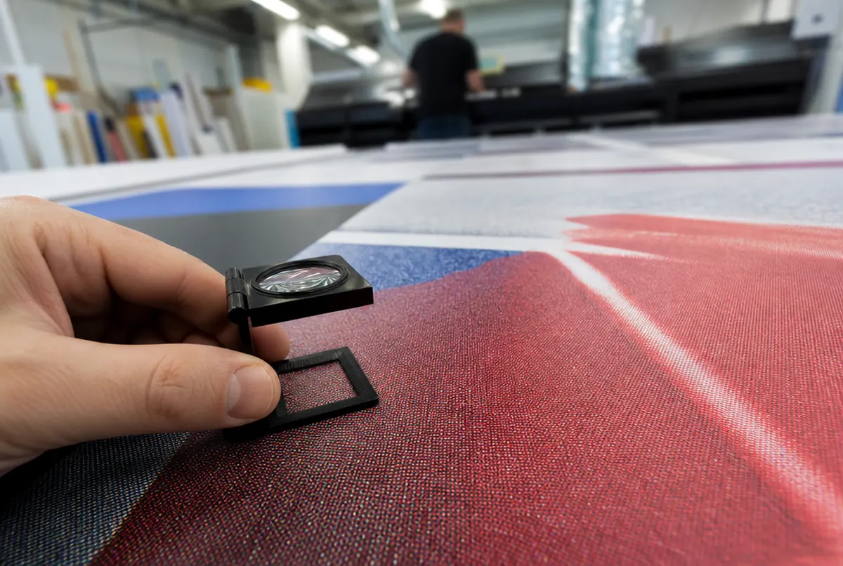 Magnifying glass on a large format print showing the halftone dots up close