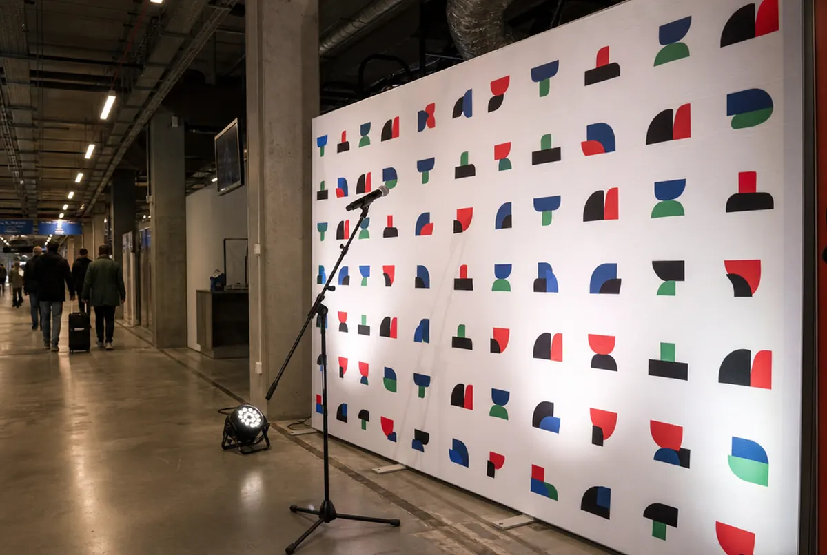 Sponsor backdrop with a repeating pattern and an interview microphone