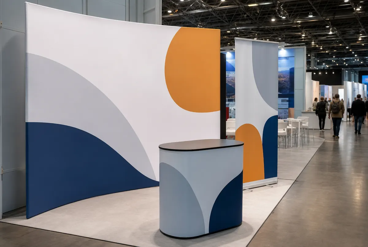 Messestand mit gebogener Textilwand und einem Roll-up daneben