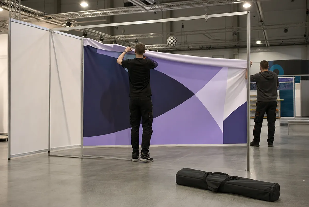 Zwei Personen ziehen die Stoffgrafik auf das Gestell einer Textilwand