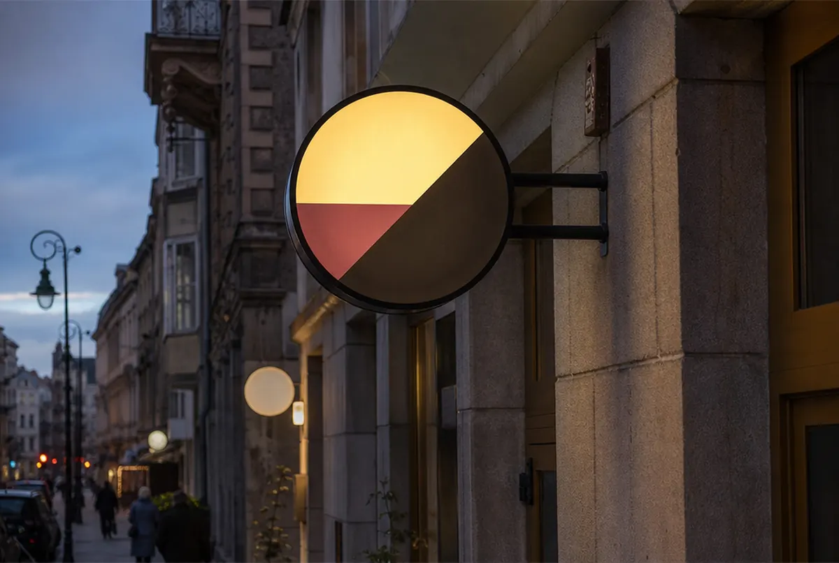 Illuminated projecting sign sticking out at right angles from a wall in a narrow street