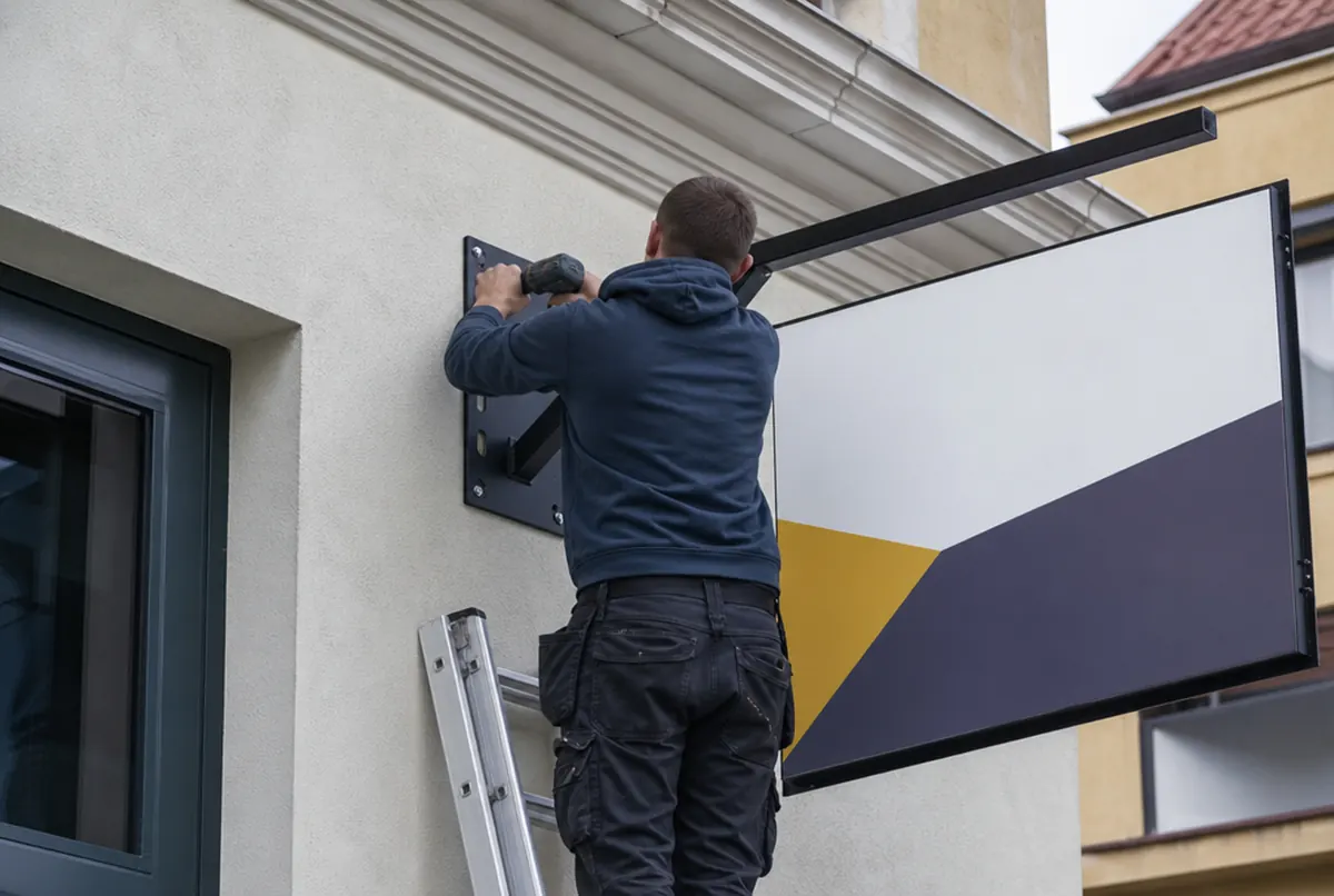 Installer bolting the steel bracket of a projecting sign to a building wall