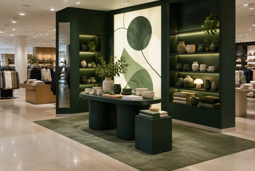 A dedicated brand zone in a department store with its own walls, an illuminated fabric light box and shelving