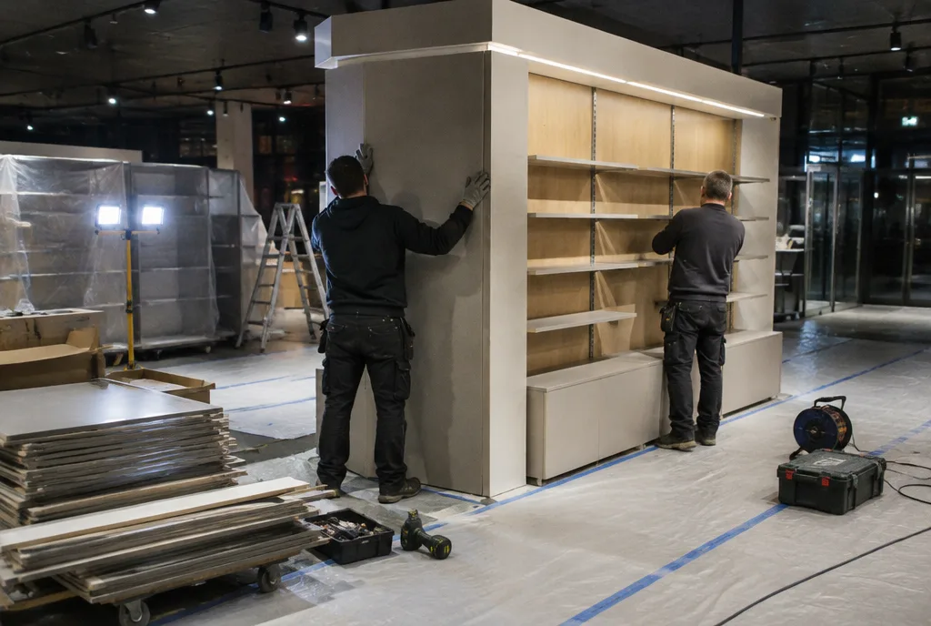 Night installation of a shop-in-shop zone in a closed store, installers seen from behind positioning wall modules and shelving