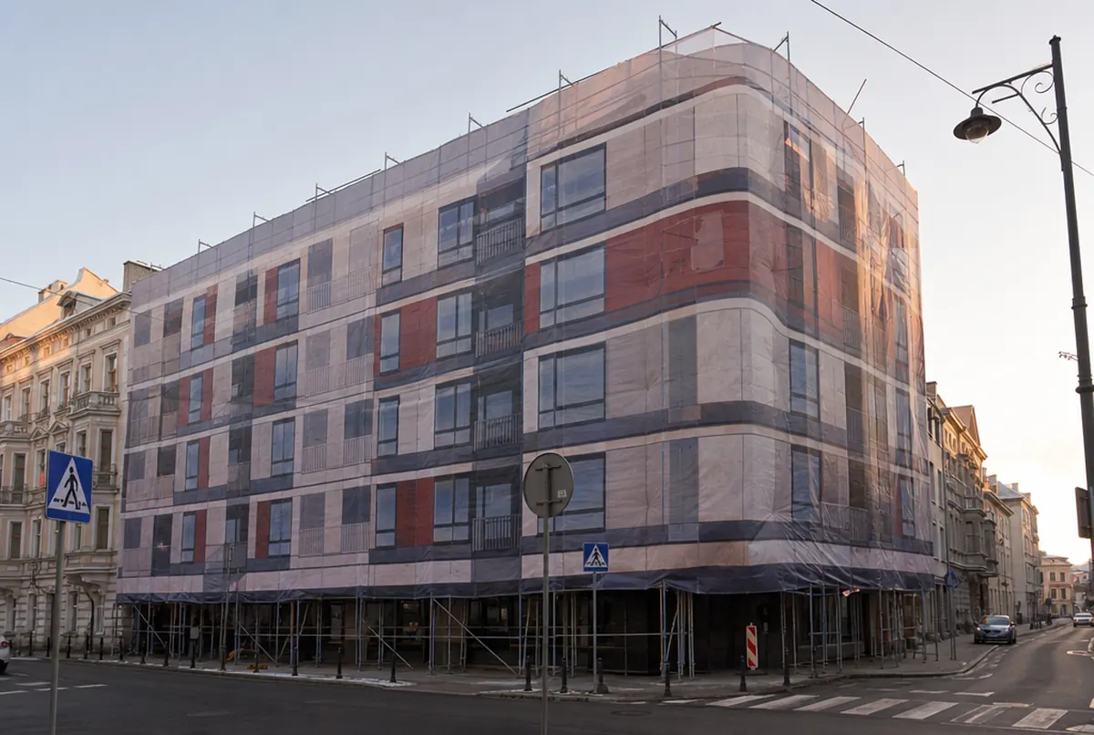 Mesh-Banner am Gerüst eines sanierten Altbaus in der Innenstadt