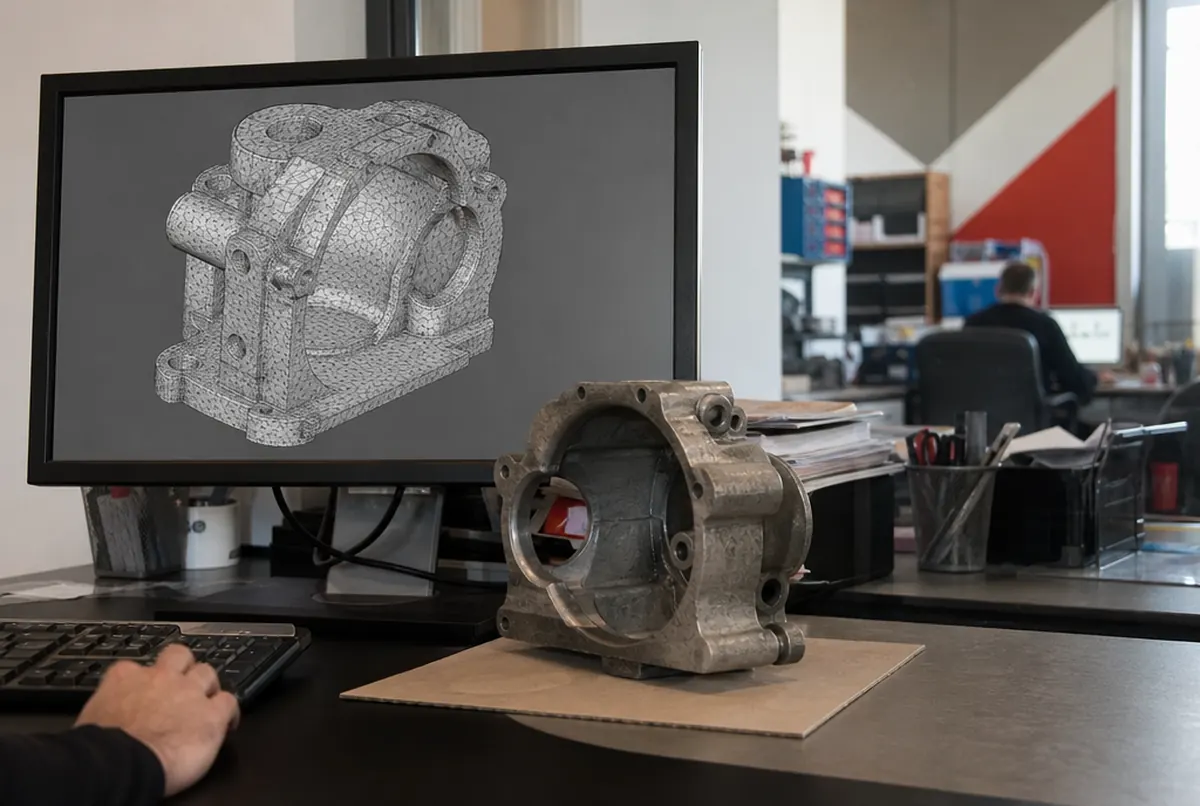 3D scan mesh on a monitor next to the scanned object
