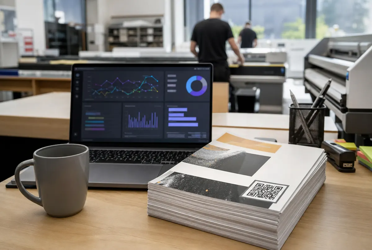 Analytics-Diagramme auf einem Laptop neben einem Stapel Flyer