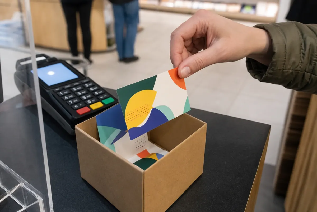 Hände sammeln Rabattcoupons in einer Box an der Kasse