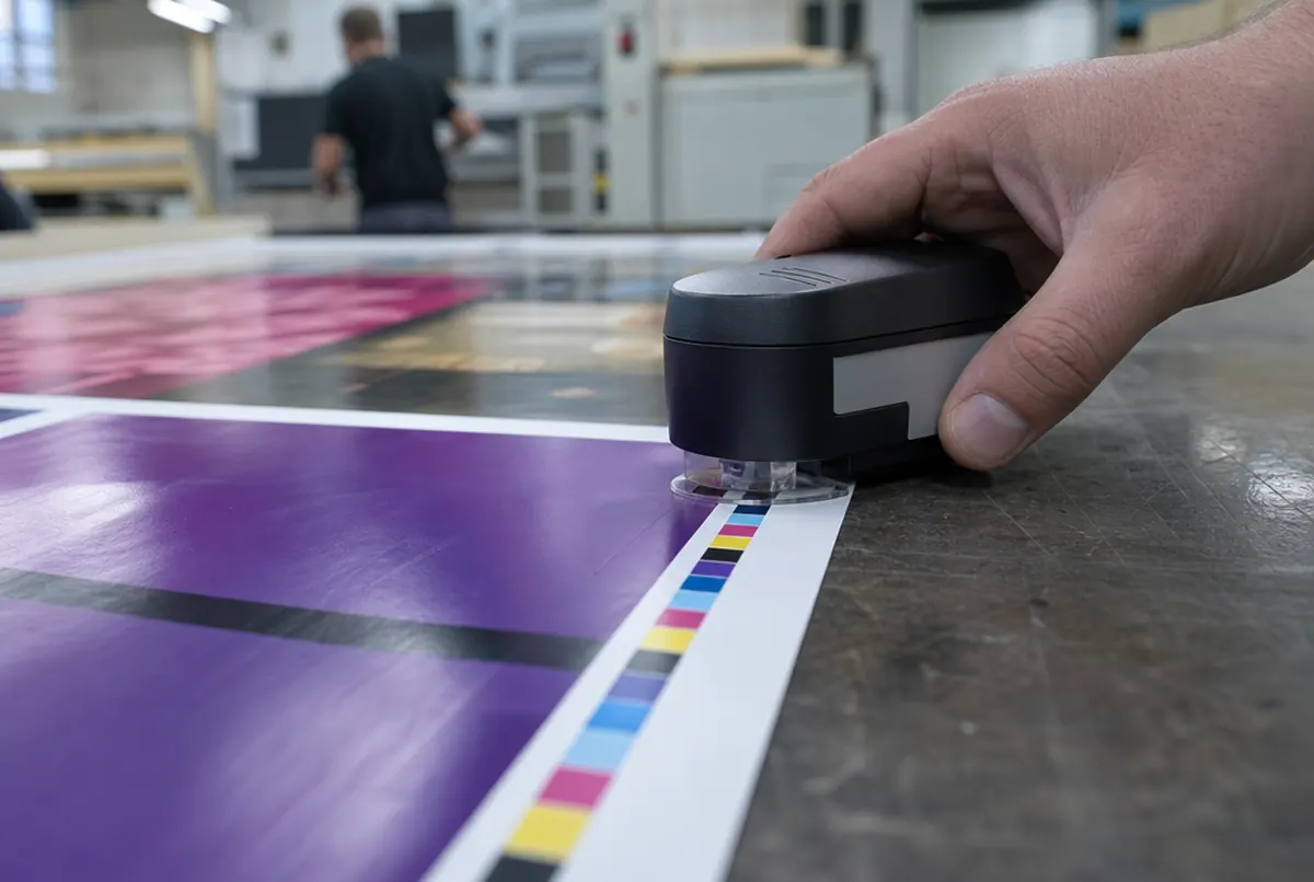 Farbkontrollstreifen auf einem Druckbogen und ein Densitometer