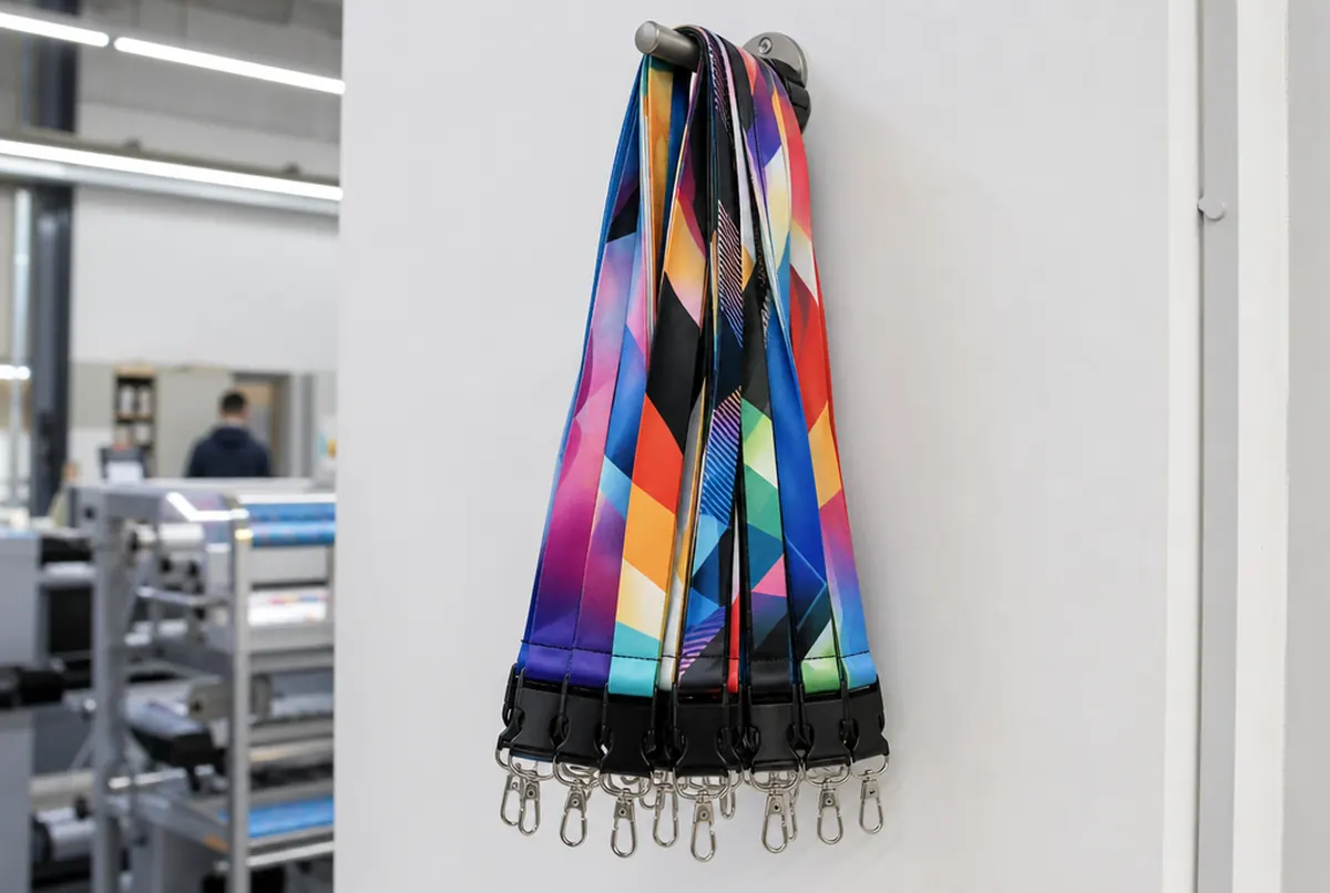 Bündel bunter Lanyards mit Sublimationsdruck an einem Haken