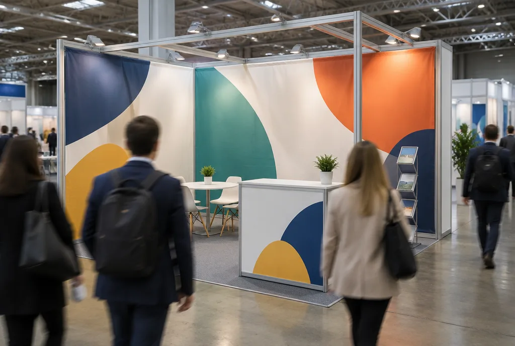 Modularer Messestand mit Aluminiumrahmen und Textilgrafik, Theke und Strahlern, unscharfe Besucher