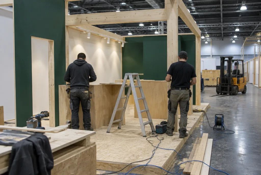 Aufbau eines individuellen Messestands aus Holz in der Halle, Tischler von hinten, gestrichene Wände und Kabel