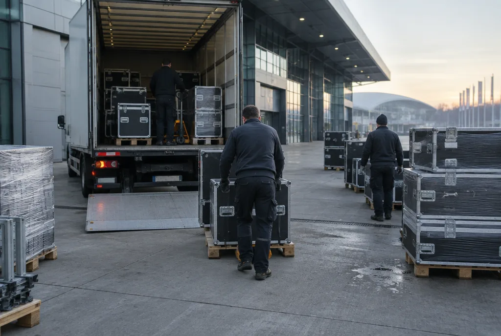 Unloading a truck with exhibition stand cases at the loading bay of a large exhibition centre in the morning