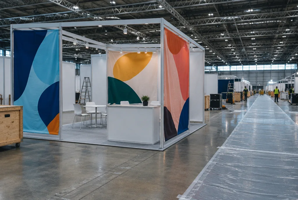 An almost finished modular stand with fabric graphics in a huge exhibition hall during build-up