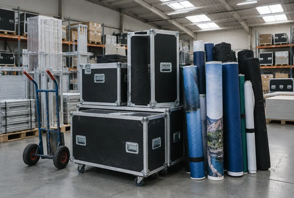 Transportkisten und gerollte Textilgrafiken eines modularen Messestands im Firmenlager, daneben eine Sackkarre