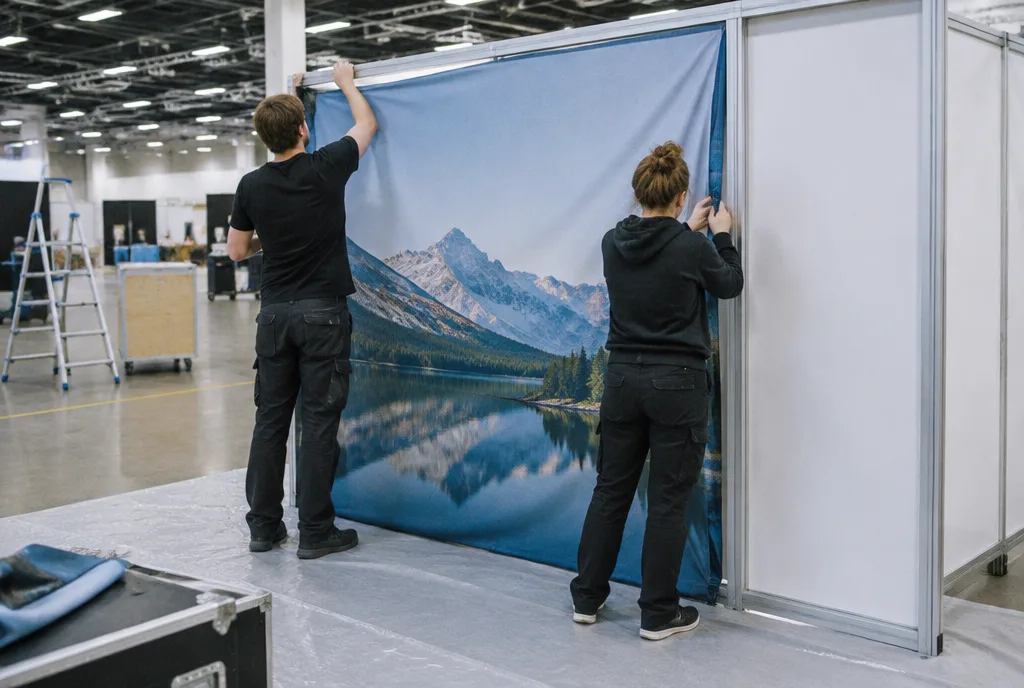 Zwei Personen von hinten bauen einen Aluminiumrahmen des Stands auf und drücken die Textilgrafik mit Silikonkeder ein