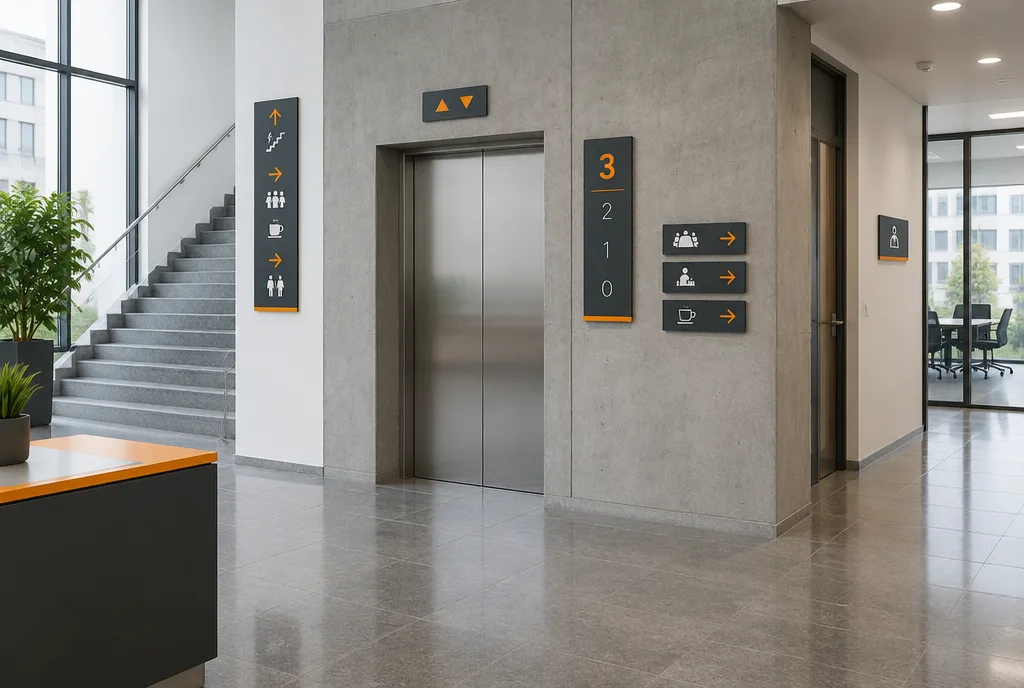 Vestíbulo de un edificio de oficinas con un sistema de señalética uniforme: flechas direccionales, indicación de plantas y placas de puerta