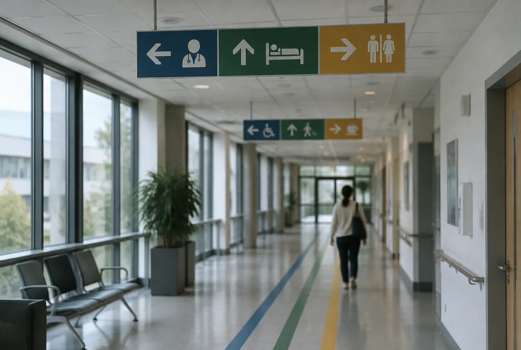Pasillo de un edificio público con señales direccionales colgadas con flechas y líneas guía de colores