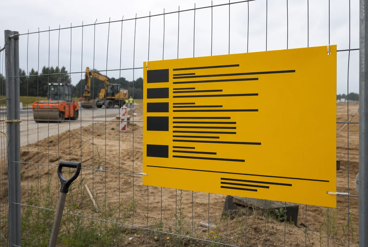 Construction site information board on a site fence