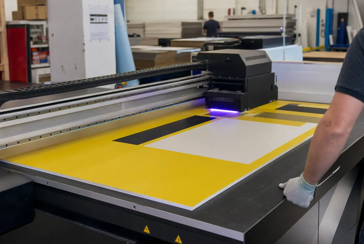 UV printer printing a yellow construction site board on a panel