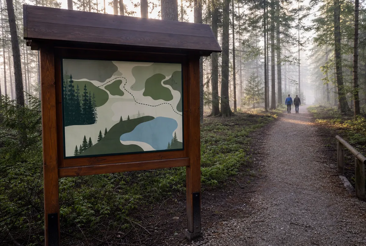 Panneau avec plan au départ d’un sentier pédagogique en forêt