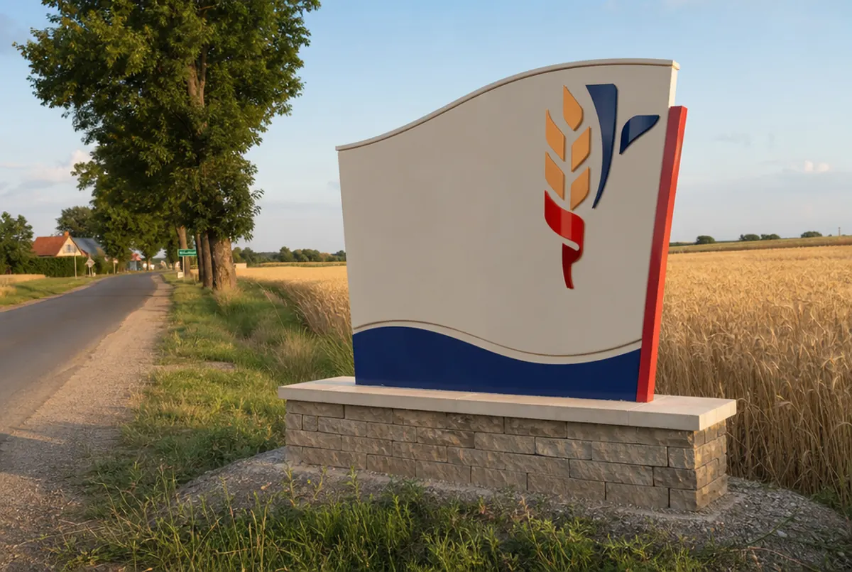 Panneau d’accueil à l’entrée d’un village au milieu des champs en été