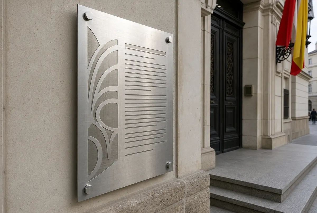 Brushed steel commemorative plaque on the wall of a council building