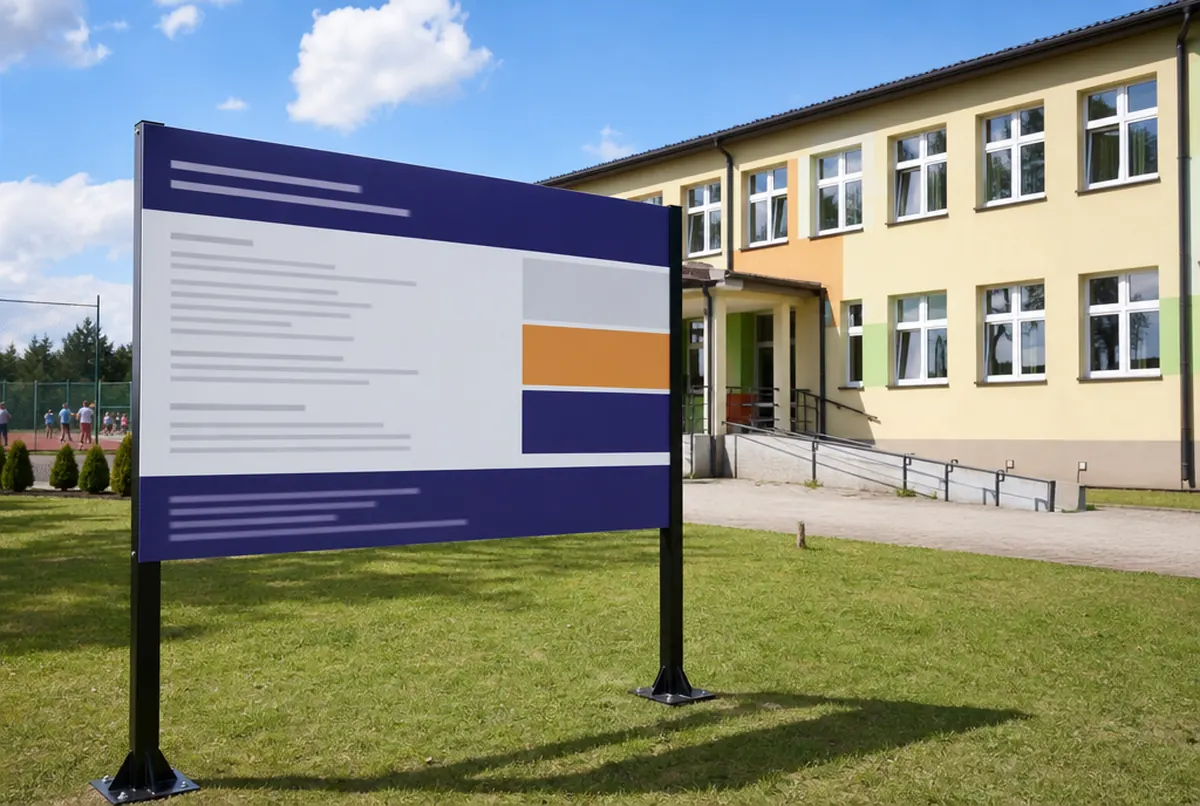 Project information sign on posts in front of a refurbished school