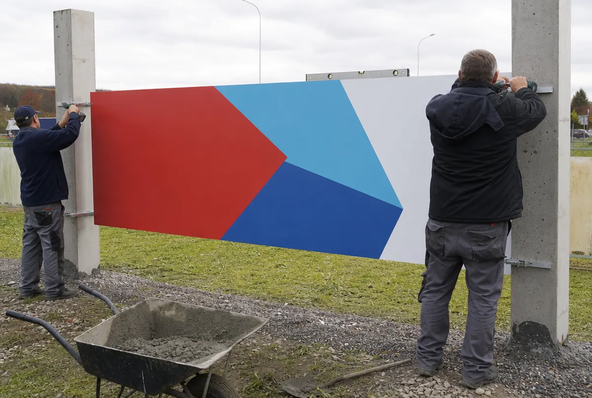 Installers bolting a Dibond sign to posts set in concrete