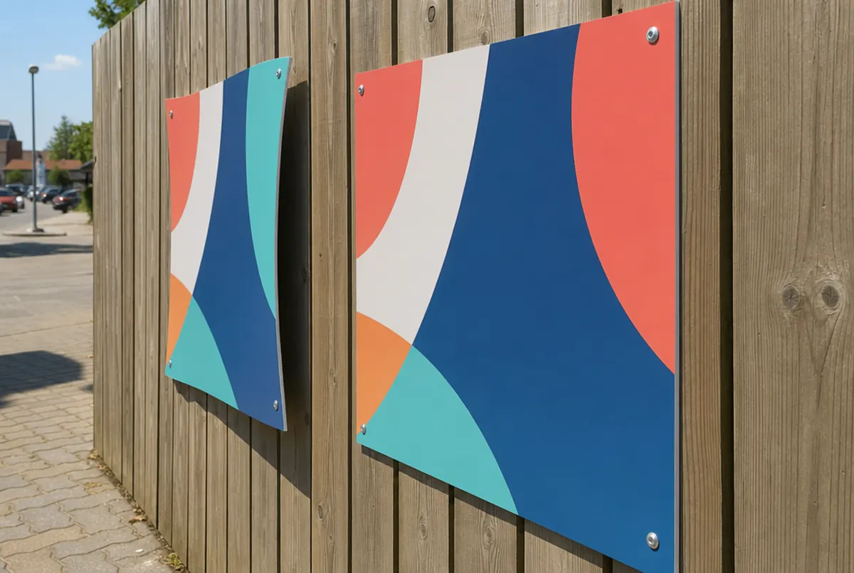Flache Alu-Dibond-Tafel neben einer verbogenen PVC-Tafel in der Sonne