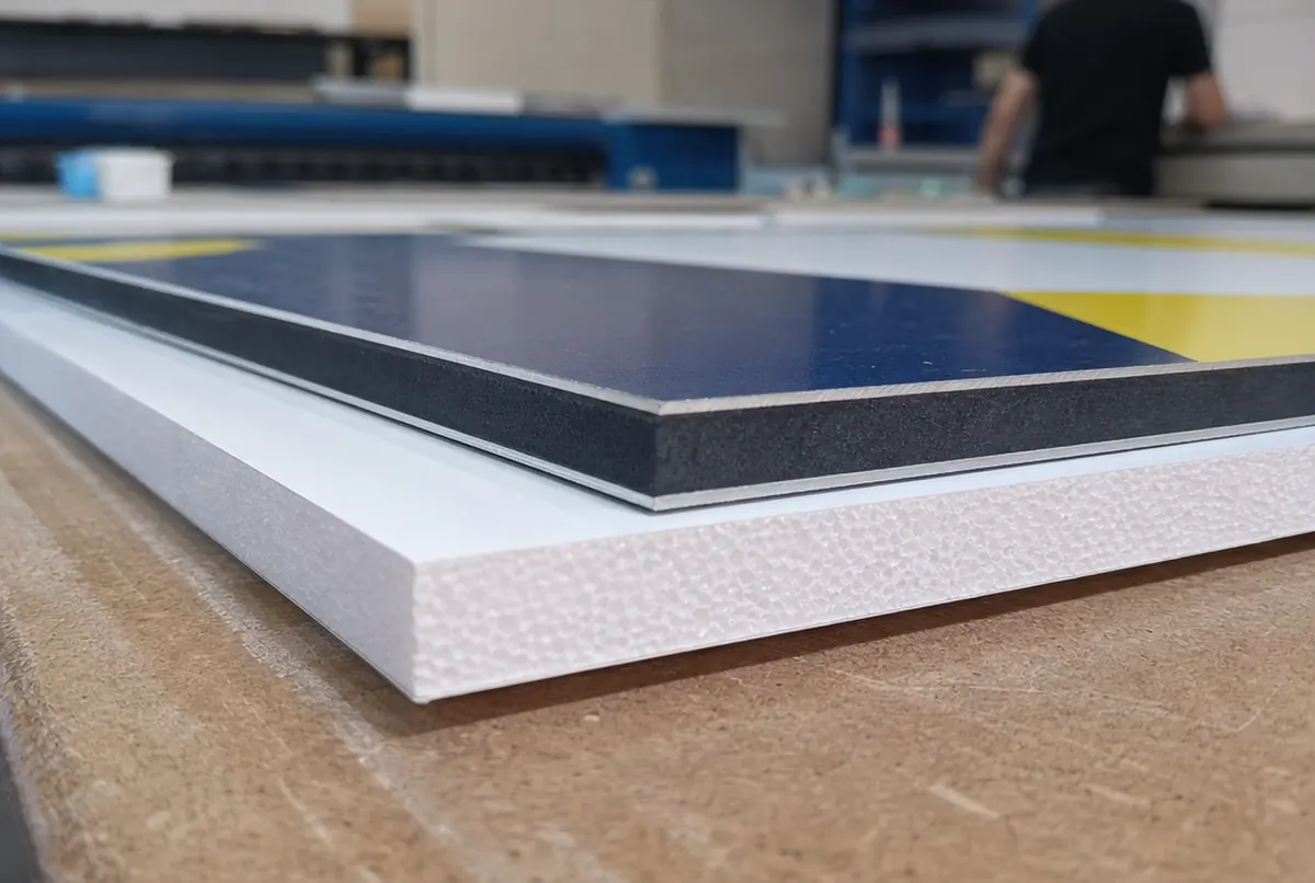 Kanten von Alu-Dibond und PVC-Hartschaum aus der Nähe