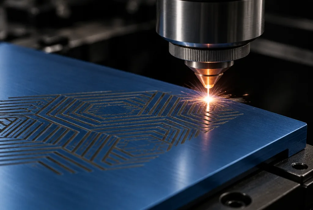 Ein Faserlaser graviert ein geometrisches Muster in eine eloxierte Aluminiumplatte, heller Gravurpunkt