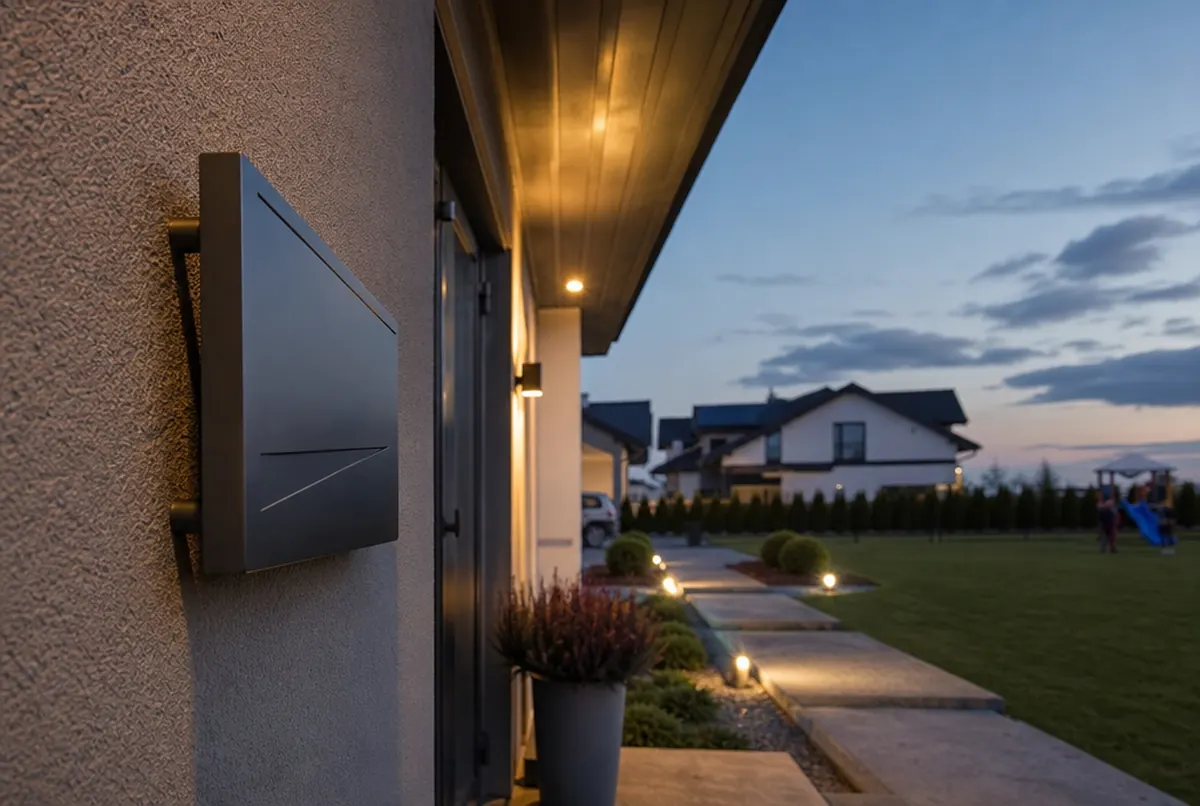 Modern house number sign next to the front door in the evening