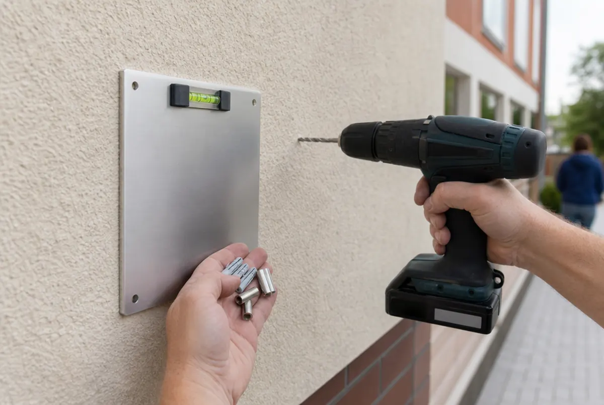 Hands fitting an address sign on stand-offs to a house facade