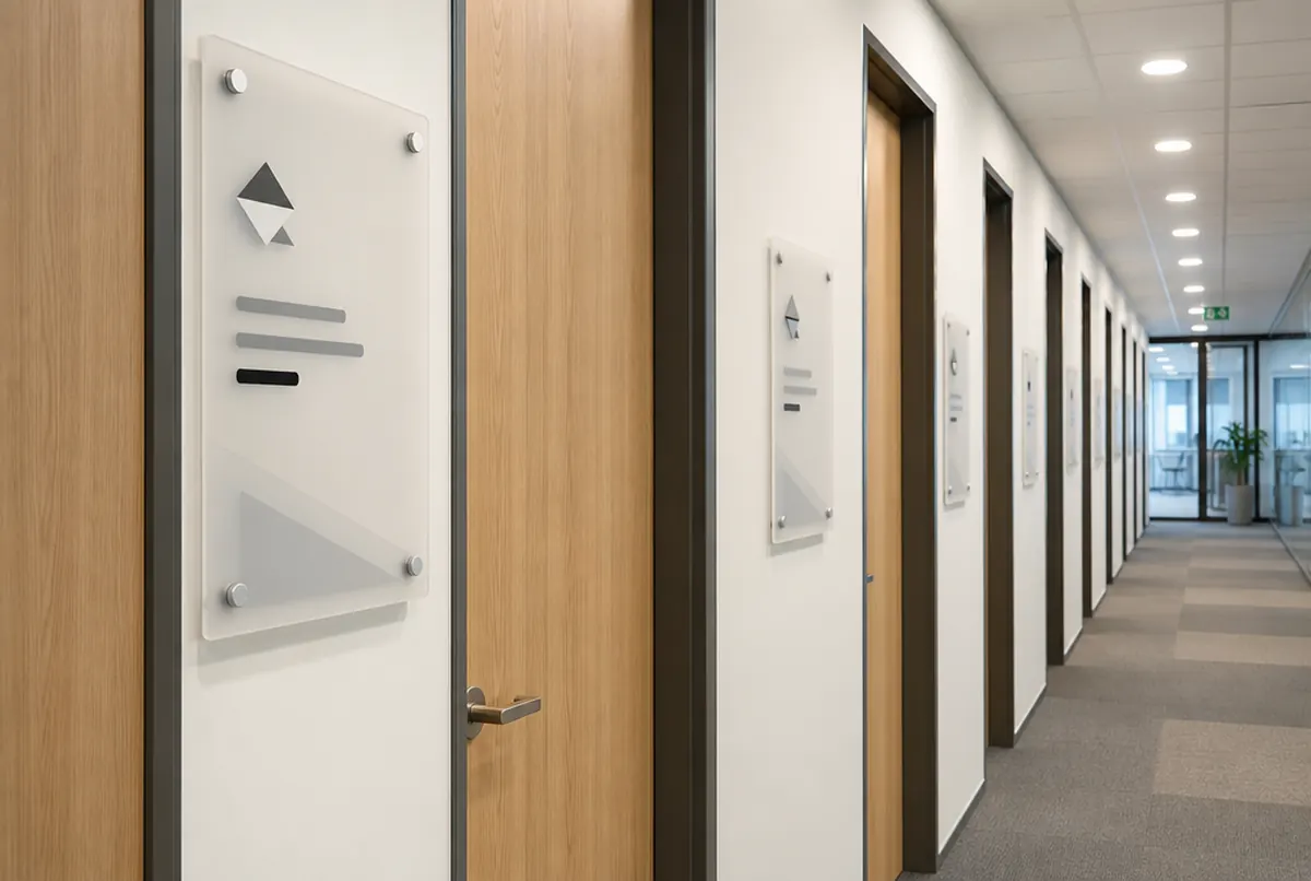 Office corridor with matching signs next to the doors