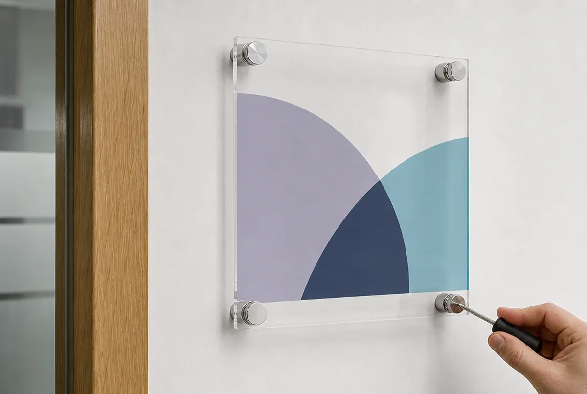 Fitting an acrylic door sign on stand-offs next to a door