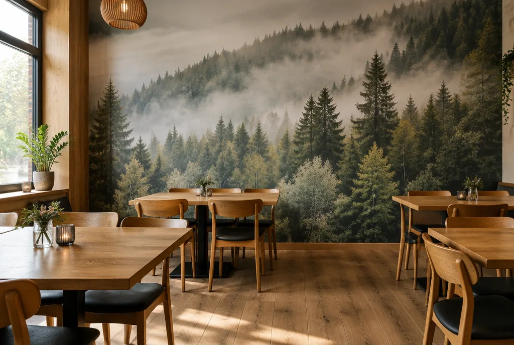 Restaurant mit großer wandfüllender Fototapete eines nebligen Waldes, Holztische und Stühle