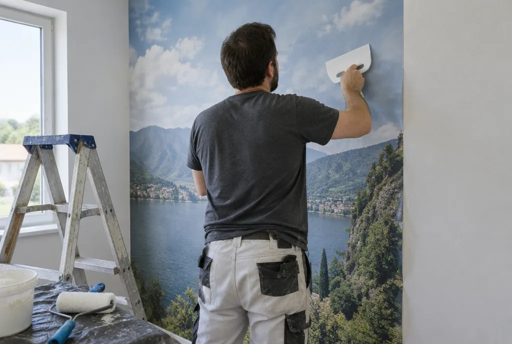 Ein Tapezierer drückt mit dem Spachtel eine breite Fototapetenbahn an die Wand, daneben Leiter und Kleisterrolle, Aufnahme von hinten