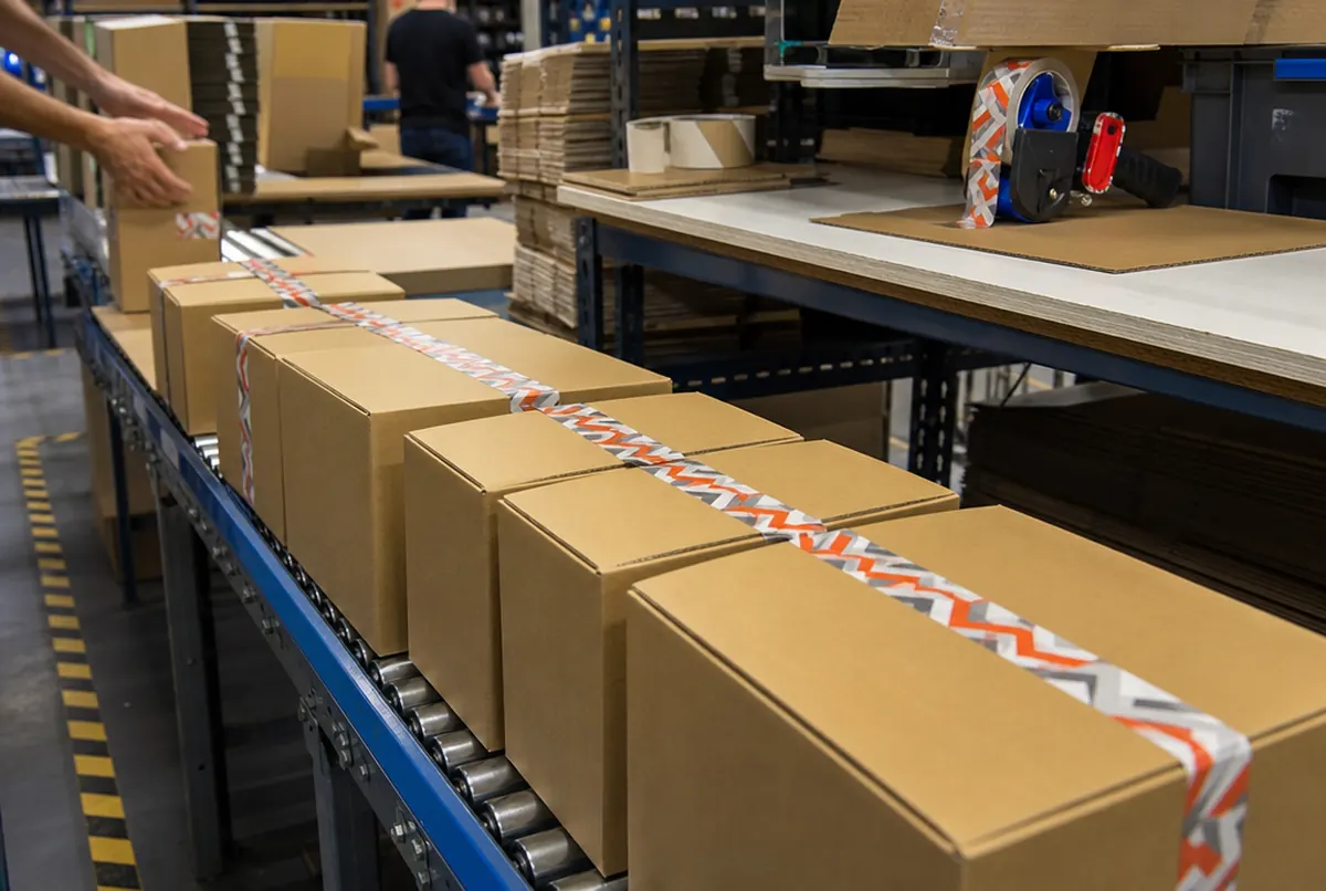 Cartons sealed with printed tape at a packing station