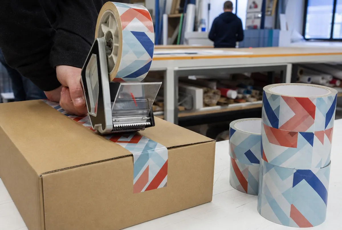 Close-up of a dispenser sealing a carton with printed tape