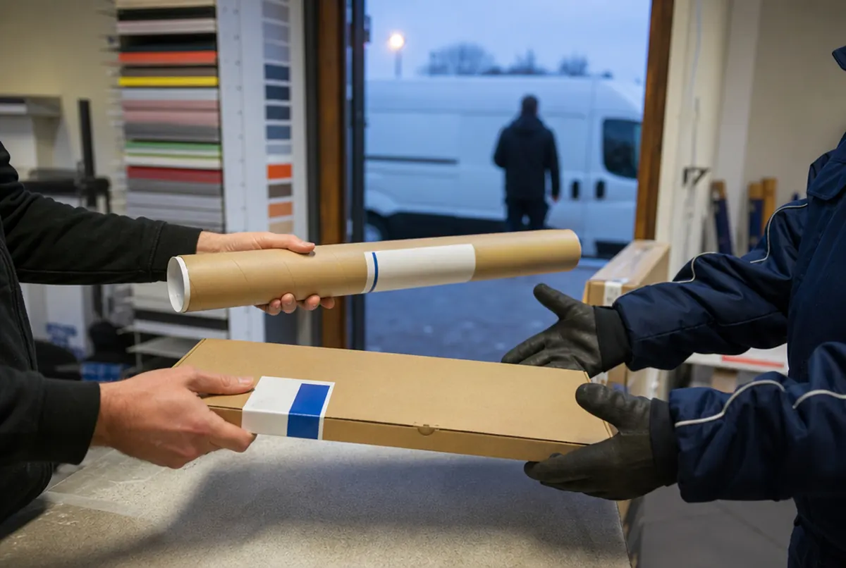 A courier collecting a tube of prints from the counter at dawn