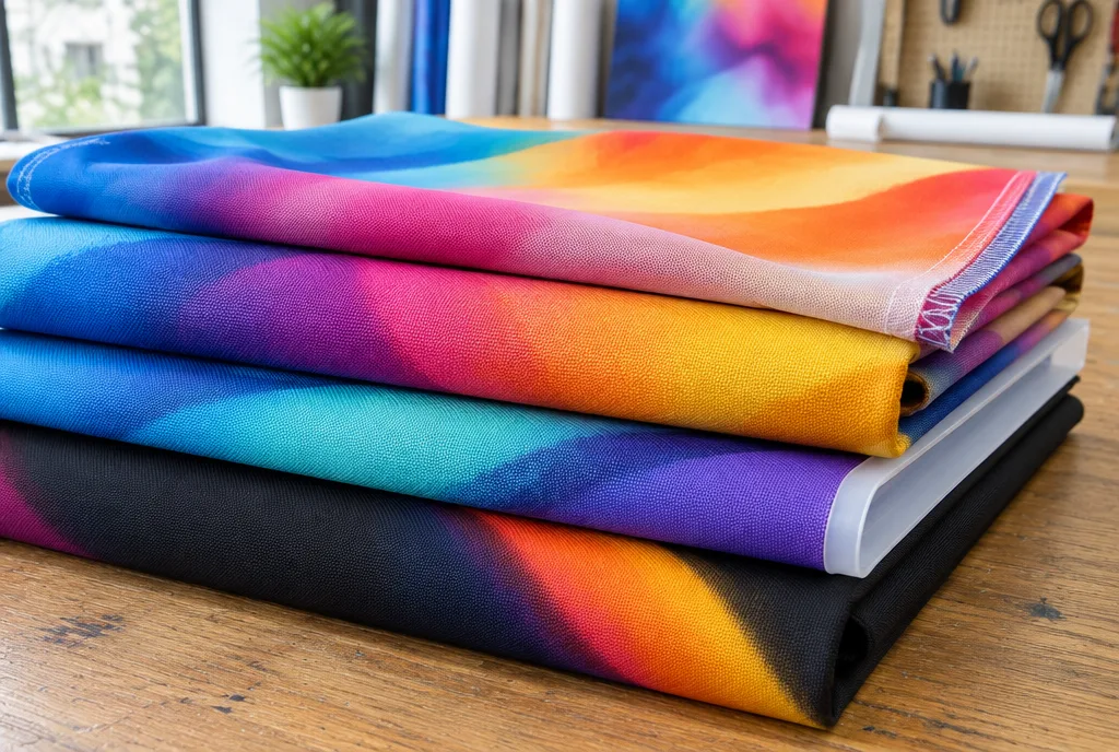 Échantillons de tissus pour sublimation : maille drapeau, tissu pour stand, SEG avec jonc silicone, imprimés de dégradés colorés