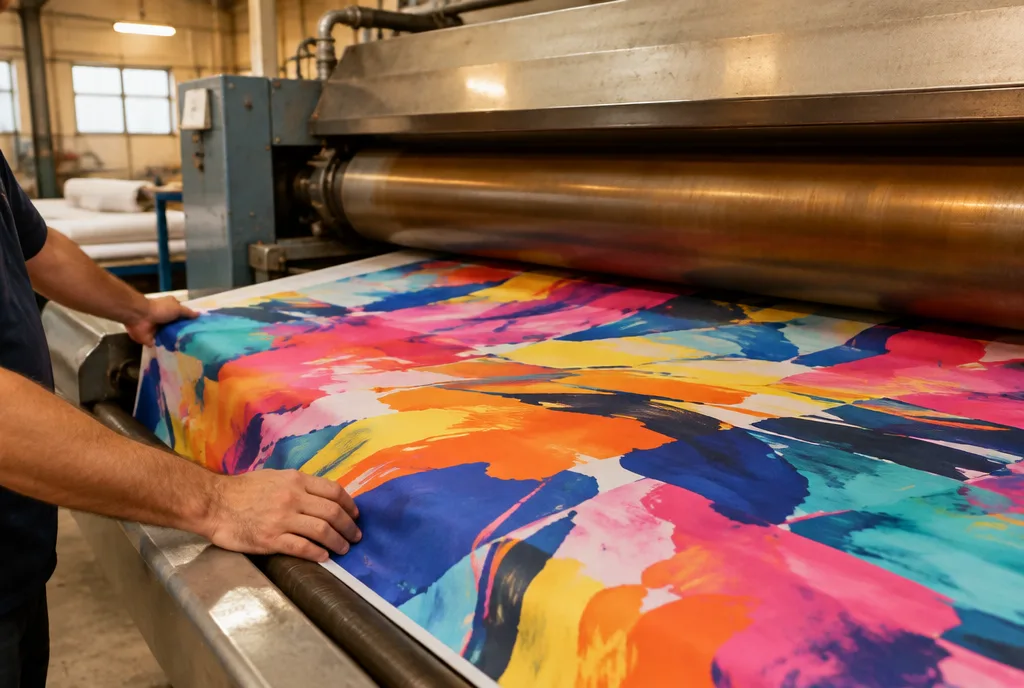 Calandre de transfert thermique en sublimation, tissu polyester imprimé sortant du cylindre chauffant