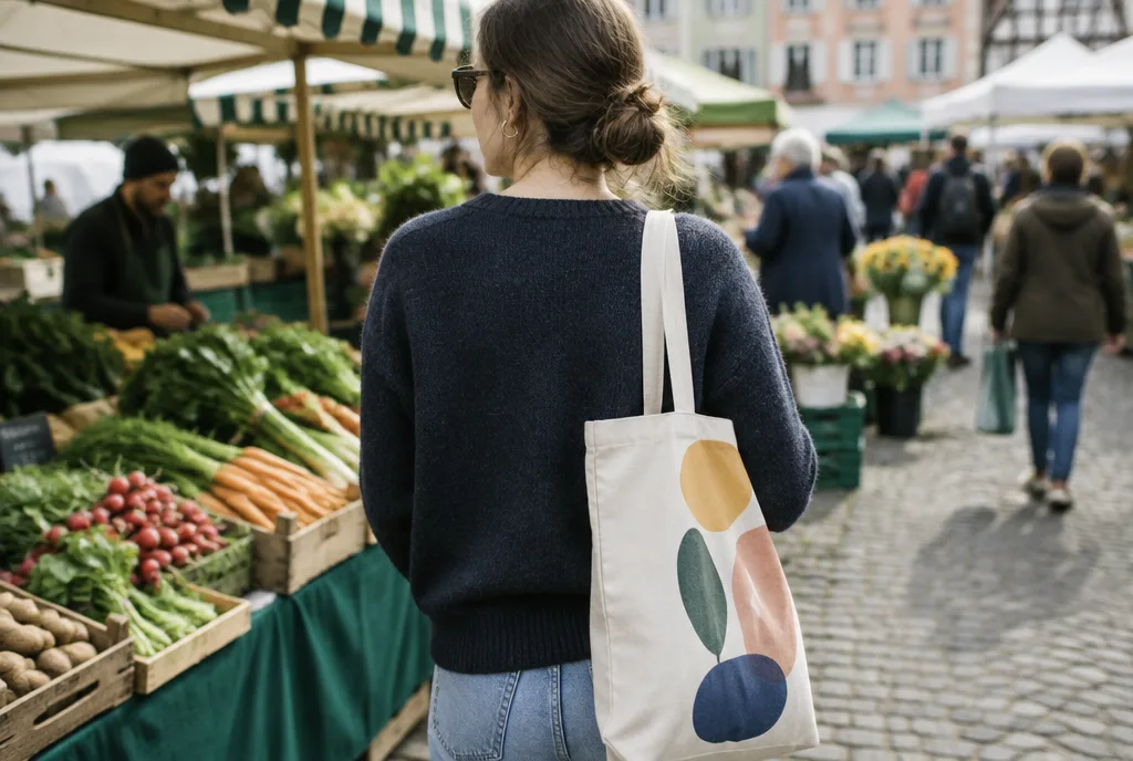 Una cliente di spalle porta una borsa in cotone stampata attraverso un mercato ortofrutticolo, inquadratura con poca profondità di campo