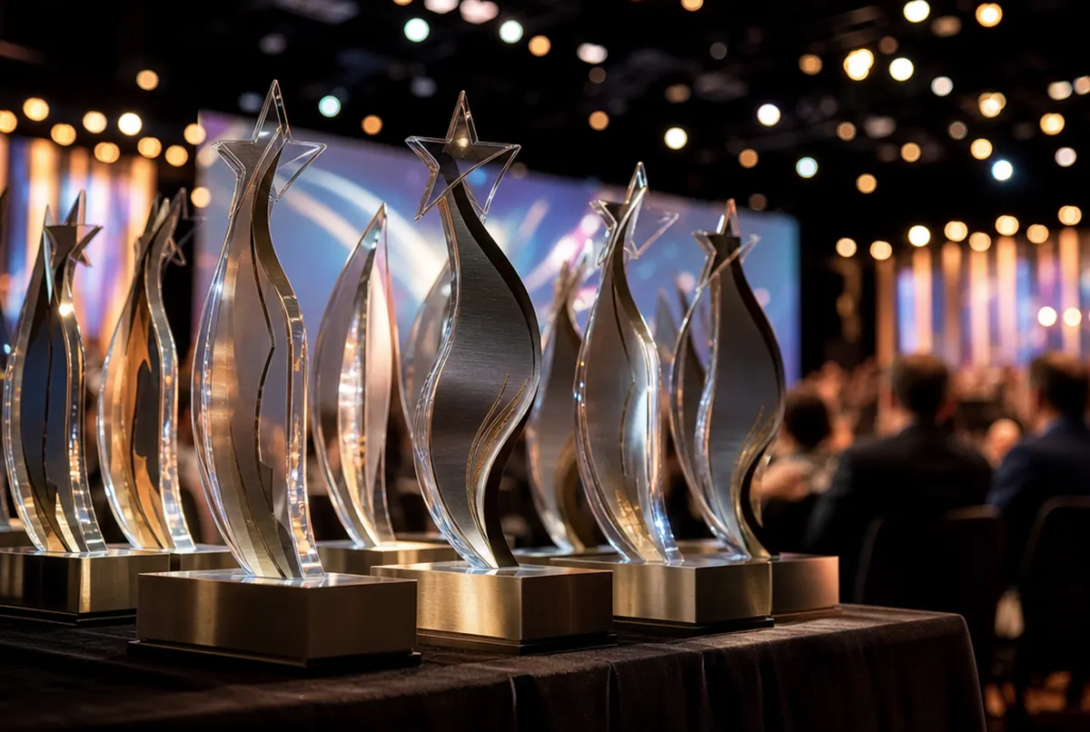Trophées en plexiglas et en métal sur une table avant un gala